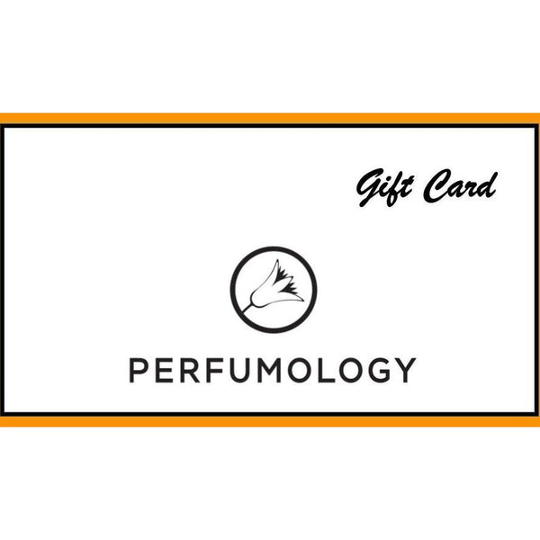 A Perfumology gift card with the title "Gift Card" and the logo of "Perfumology," featuring a stylized flower in a circle. Enjoy no processing fees and redeem instructions are included, making it the perfect present for any fragrance enthusiast.