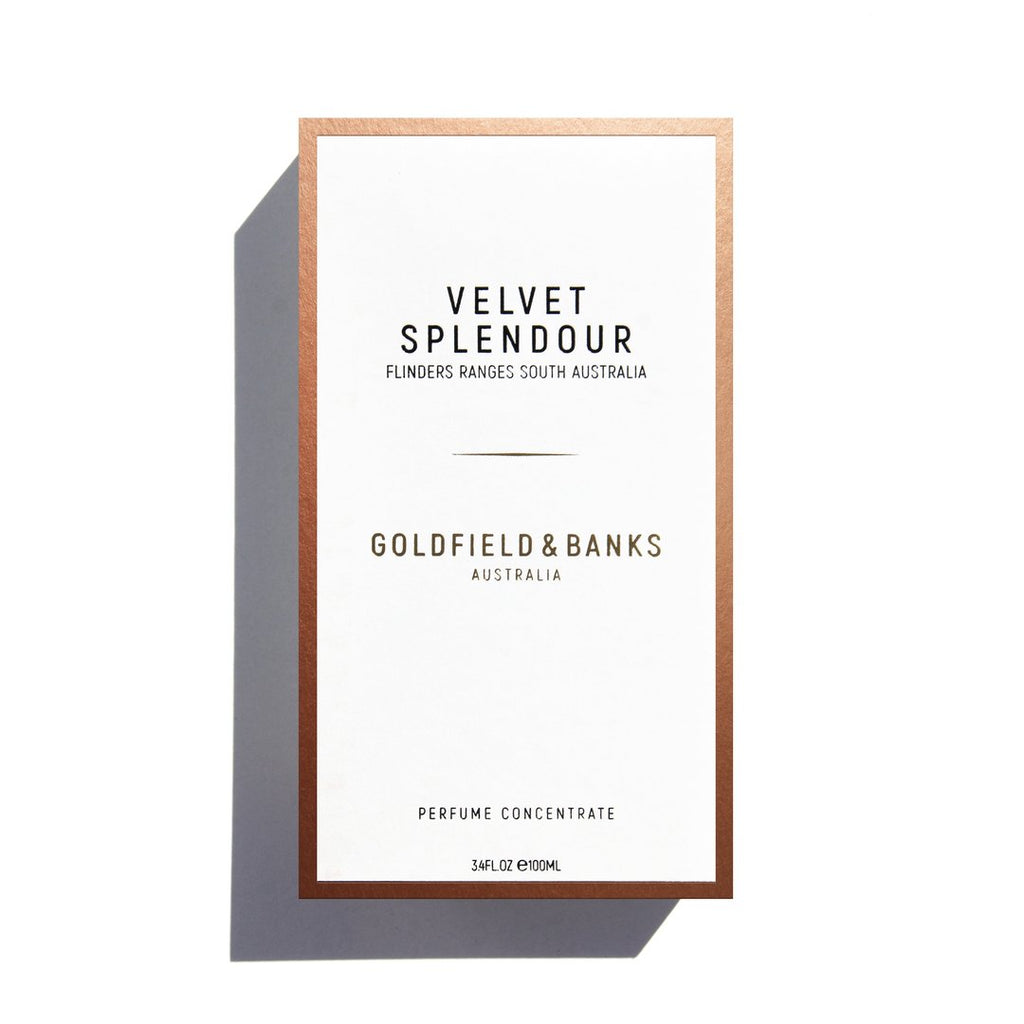 An image of the Velvet Splendour perfume box by Goldfield & Banks Australia, showcasing the fragrance infused with Mimosa Absolute that captures the essence of an Australian spring in Flinders Ranges. The text highlights that it is a perfume concentrate.