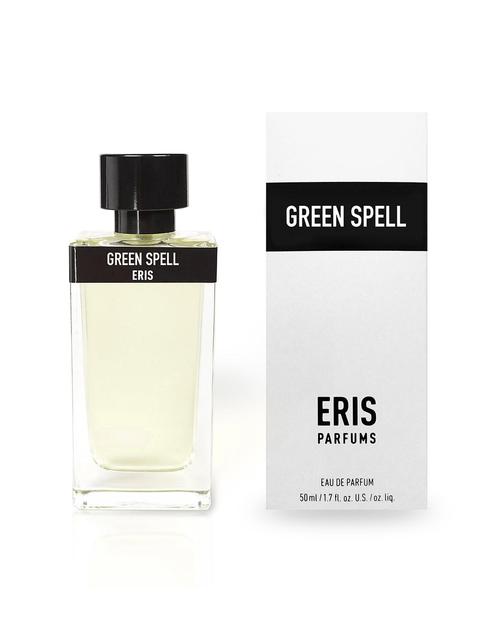 A 50ml or 1.7 fl oz bottle of "Green Spell" Eau de Parfum by Eris Parfums, positioned beside its sleek white and black packaging, captures enchanting fragrance notes that transport you to a world of botanical elegance.