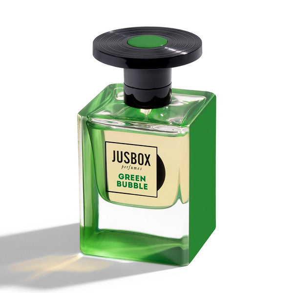 JUSBOX Green Bubble eau de parfum bottle with green glass and black cap