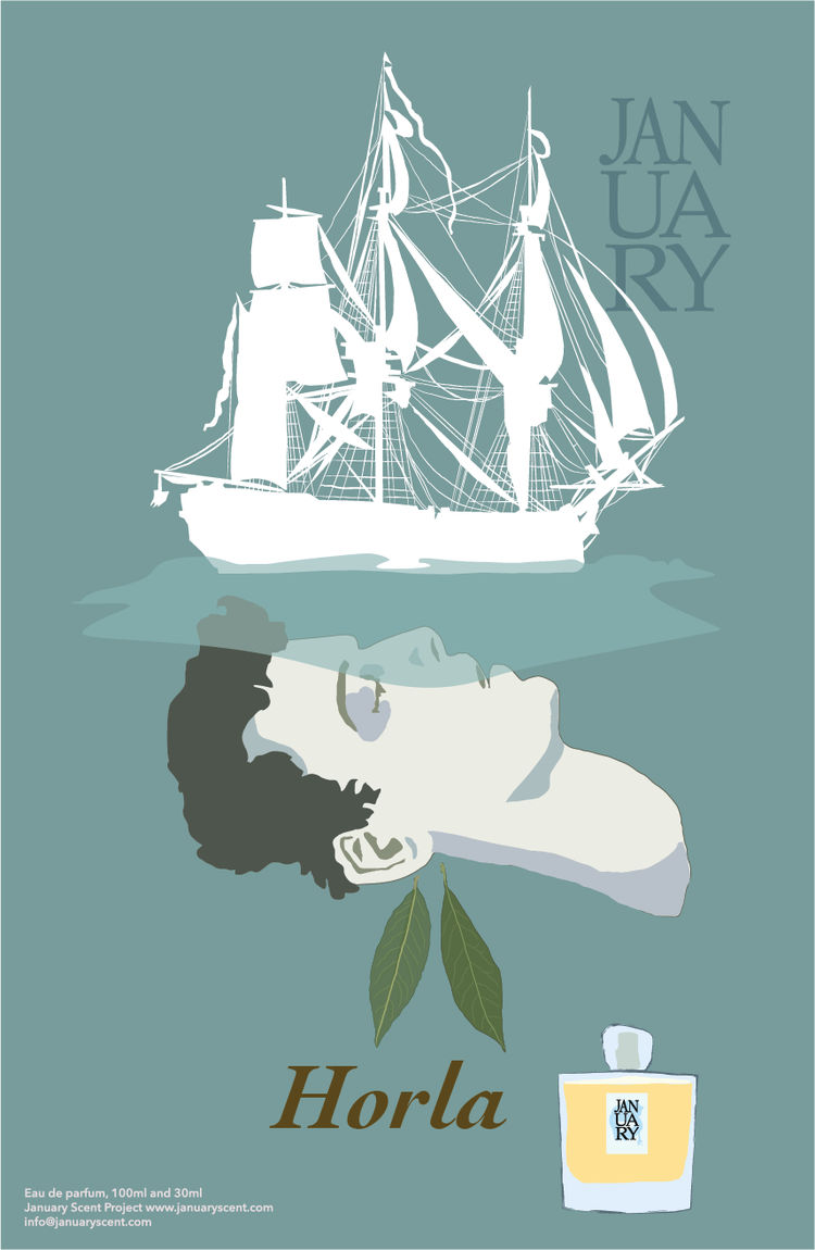 An illustration of a person's face with closed eyes and three leaves, with a model ship sailing in the background and a bottle of Horla perfume from January Scent Project labeled "JANUARY" at the bottom.