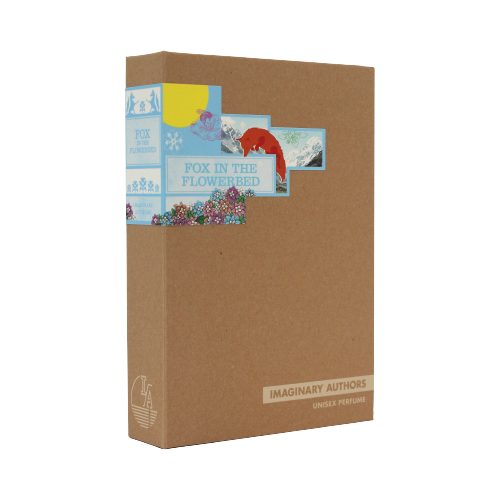 Imaginary Authors' unisex perfume, Fox in the Flowerbed, comes in a brown box adorned with decorative labels and evokes the charm of Alpine fairy tales with its delightful floral fragrance.