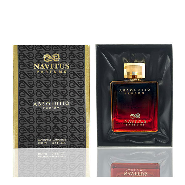 A 3.4 fl. oz bottle of Navitus Parfums Absolutio promises long-lasting fragrance. The bottle, with its red gradient design and gold cap, is showcased beside its elegant black and gold box, ready to offer earthy delights with every spritz.