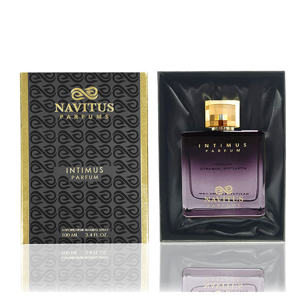 A boxed 3.4 fl oz bottle of Navitus Parfums Intimus romantic fragrance, featuring a purple bottle with a gold cap, comes in a rectangular black and gold box adorned with branding details. This enchanting scent harmoniously blends patchouli, creating an alluring aura perfect for Amour Vincit Omnia moments.
