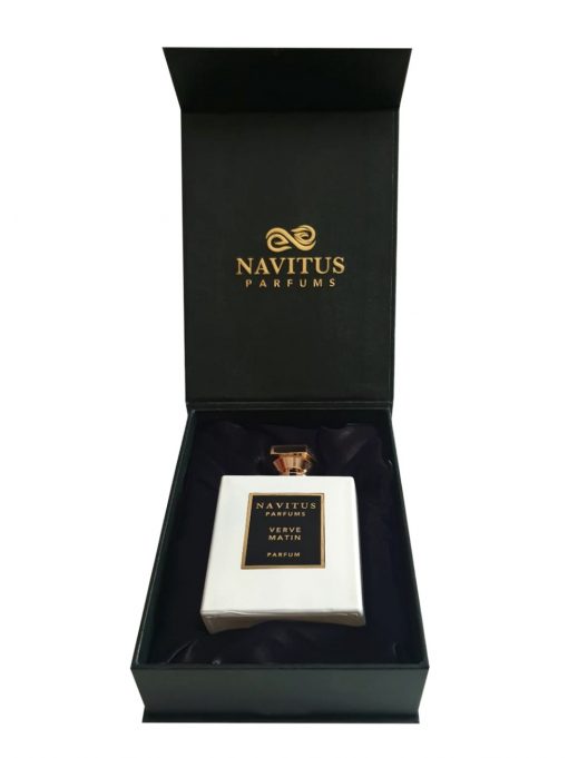 A white bottle of Verve Matin by Navitus Parfums is displayed in an open black box with the brand's name and logo on the inside cover, crafted by Master Perfumer Bertrand Duchaufour.