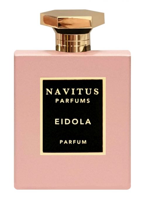 A rectangular, pink perfume bottle with a gold cap. The black label reads: "Navitus Parfums Eidola," a creation by master perfumers, exuding the essence of French Rose.