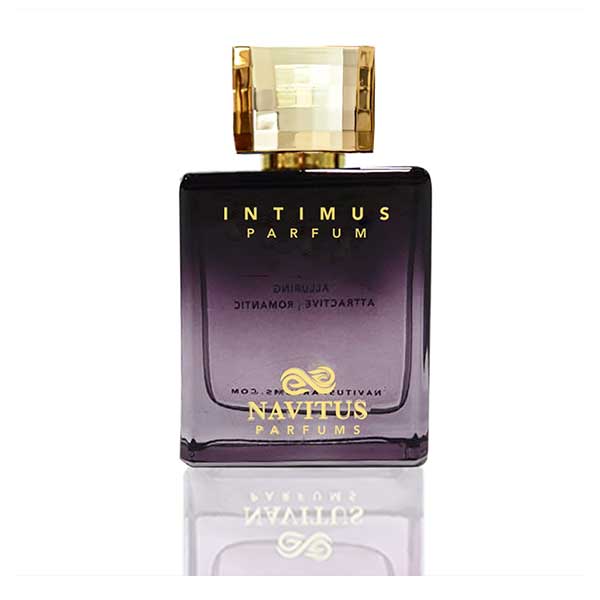 A bottle of Navitus Parfums Intimus, a romantic fragrance with a gradient of purple to clear glass and a square gold cap, reflects on a white surface.