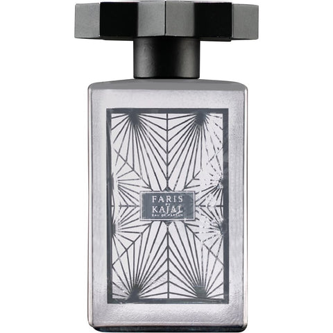 Faris perfume bottle with black cap and silver geometric label