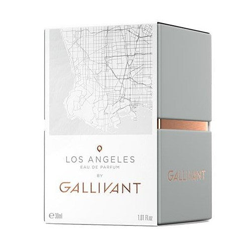 A white and light gray perfume box labeled "Los Angeles by Gallivant by Gallivant Perfumes" featuring a map design. The packaging includes a gray bottle with a copper accent, evoking the sultry woody floral essence within. Volume is indicated as 30 ml or 1.01 FL oz.