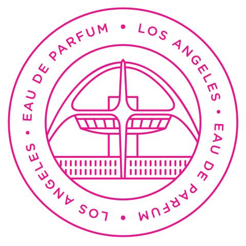 Circular pink logo with the words "Los Angeles by Gallivant" surrounding a stylized architectural design, evoking a sultry woody floral essence.
