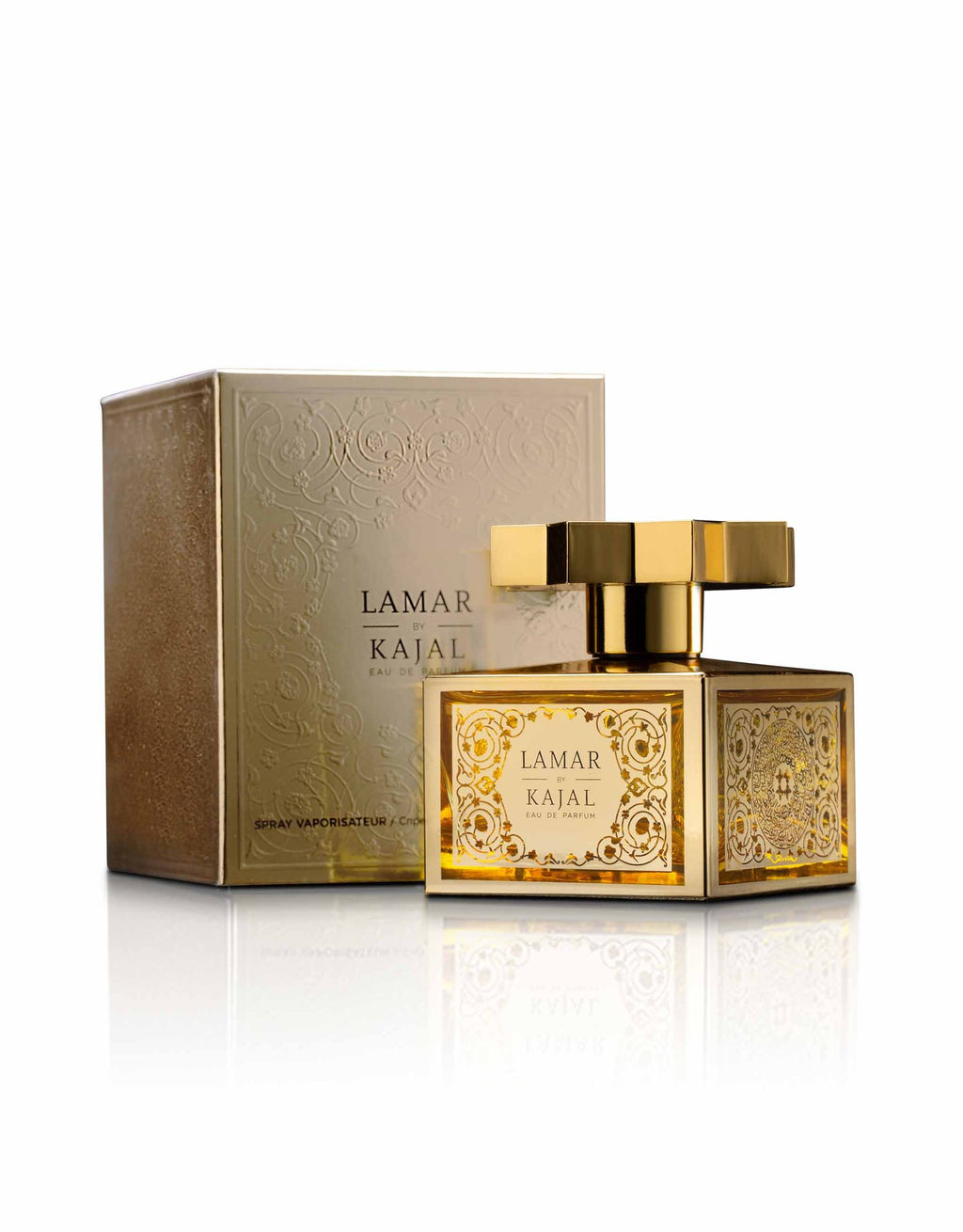 A gold-colored perfume bottle and its matching box, both labeled "Lamar" from the Kajal Classic Collection, are displayed against a plain white background, evoking the sensation of a Mediterranean breeze encased in liquid gold.