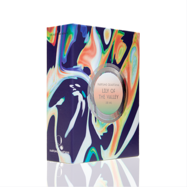 A packaging box for Parfums Quartana's Lily of the Valley Eau de Parfum, featuring vibrant abstract artwork with the product name centered within a circular frame.
