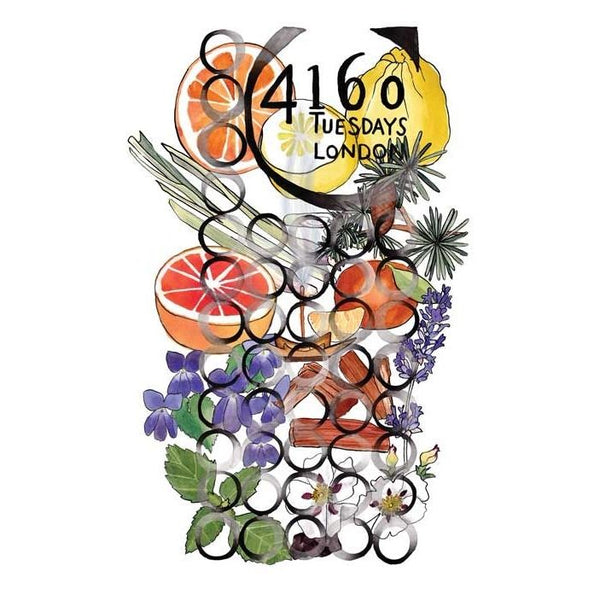 Decorative perfume label art with multicolor circles, leaves, and 4160 Tuesdays London text