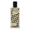 Glass perfume bottle with black cap, clear liquid, gold and black circular label