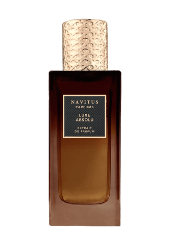Perfume bottle with amber glass and Luxe Absolu label by NAVITUS Parfums