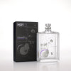Image of Escentric Molecules' Molecule 01 fragrance bottle and its packaging. The transparent bottle with minimalistic design elements holds the signature Iso E Super scent, while the sleek black packaging features similar graphics.