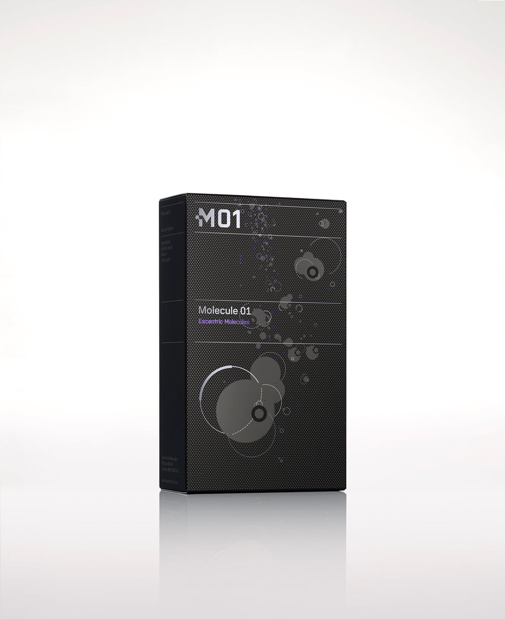 A black and gray box labeled 'Molecule 01' by Escentric Molecules with abstract designs and the code 'M01' on the top left corner, containing the fragrance Iso E Super, shown against a plain white background.