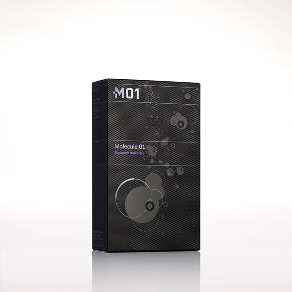 A black and gray box labeled 'Molecule 01' by Escentric Molecules with abstract designs and the code 'M01' on the top left corner, containing the fragrance Iso E Super, shown against a plain white background.
