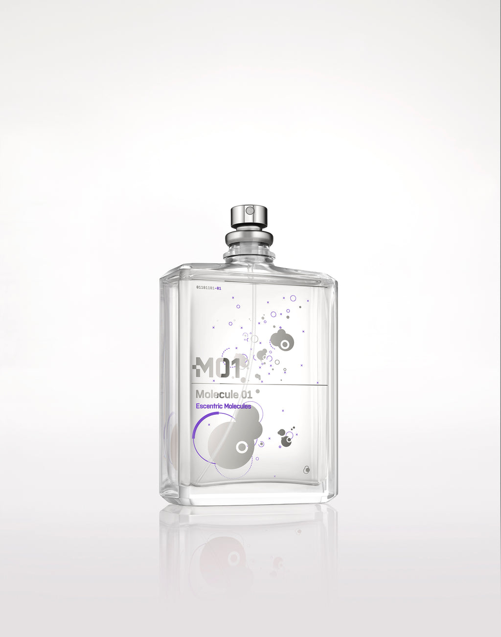 Clear glass bottle of Escentric Molecules' Molecule 01 fragrance, featuring a minimalist design and a silver-grey cap, highlighting the captivating presence of Iso E Super against a plain background.