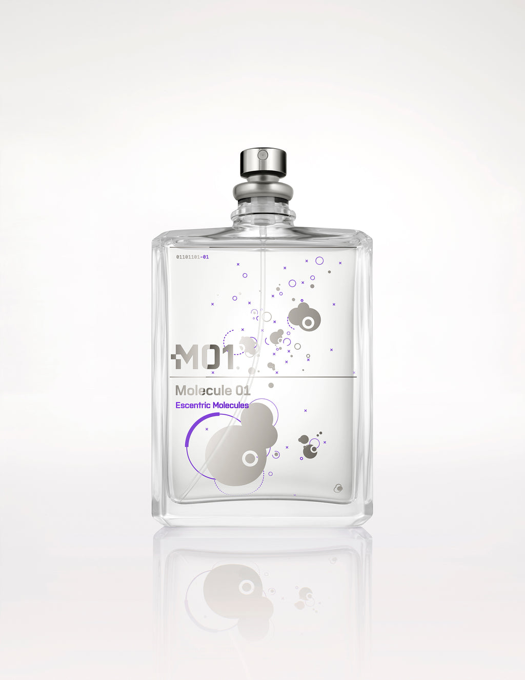 A transparent bottle of "Molecule 01" fragrance by Escentric Molecules with a minimalist design, featuring text and abstract circular patterns in black and purple. The bottle, known for its key ingredient Iso E Super, has a metallic spray nozzle.