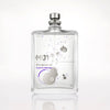 A transparent bottle of "Molecule 01" fragrance by Escentric Molecules with a minimalist design, featuring text and abstract circular patterns in black and purple. The bottle, known for its key ingredient Iso E Super, has a metallic spray nozzle.