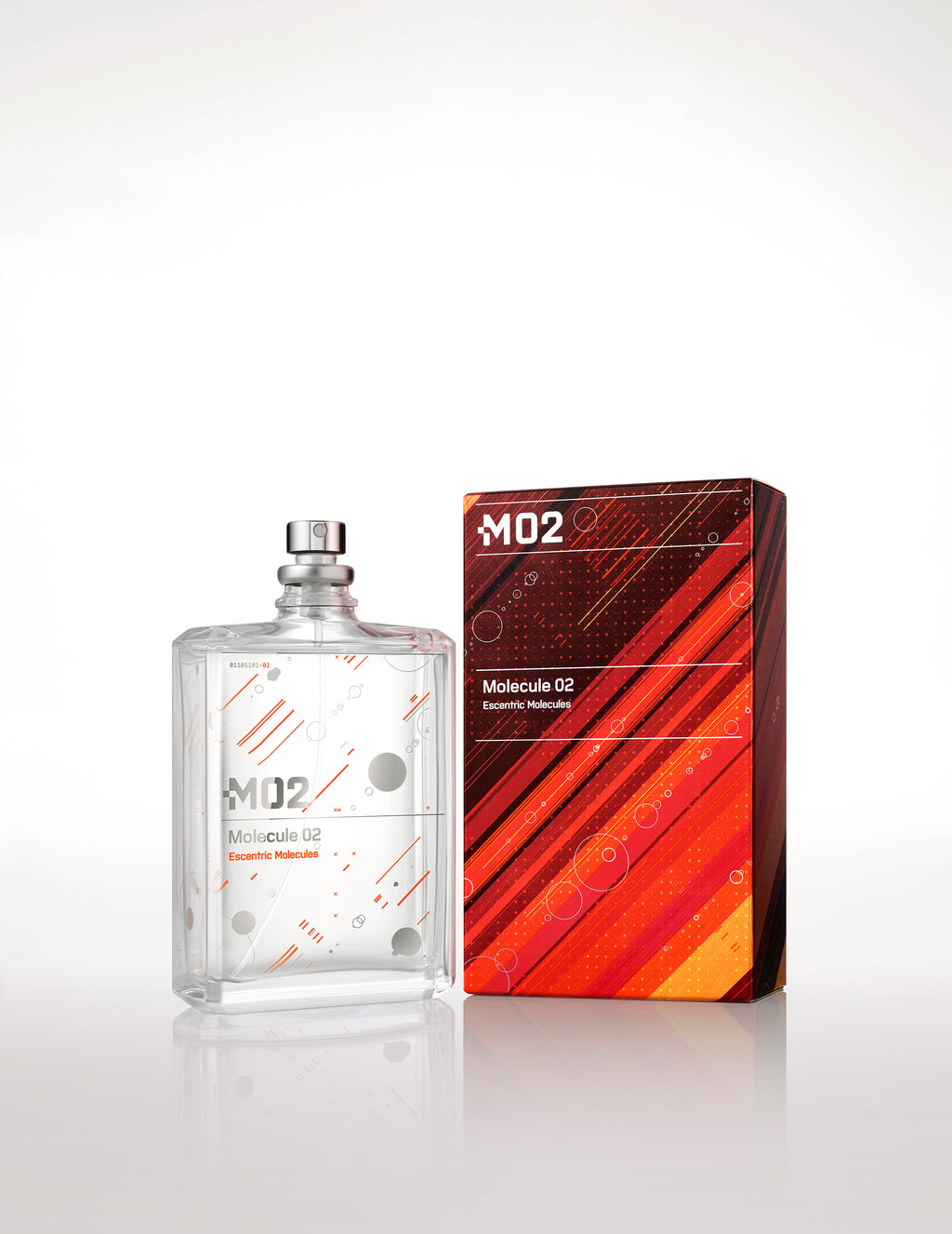 A clear bottle of Molecule 02 by Escentric Molecules with a silver cap sits next to a red and orange geometric design box on a plain white background, highlighting the pure essence of Ambroxan within.