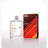 A clear bottle of Molecule 02 by Escentric Molecules with a silver cap sits next to a red and orange geometric design box on a plain white background, highlighting the pure essence of Ambroxan within.