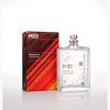 A clear glass bottle labeled "Molecule 02" sits elegantly beside its geometric-patterned box, adorned with "M02" branding and "Escentric Molecules" text. This fragrance showcases Ambroxan, adding a sophisticated touch to its minimalist design.