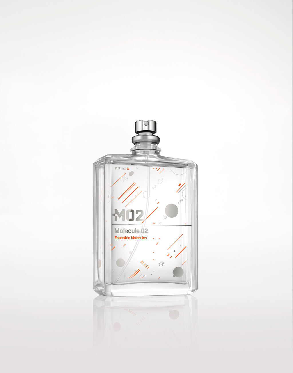 A transparent spray bottle labeled "Molecule 02" with a minimalist design featuring orange and white graphics on the front. The bottle, showcasing its Ambroxan fragrance, is placed against a plain white background. The product is named Molecule 02 from Escentric Molecules.