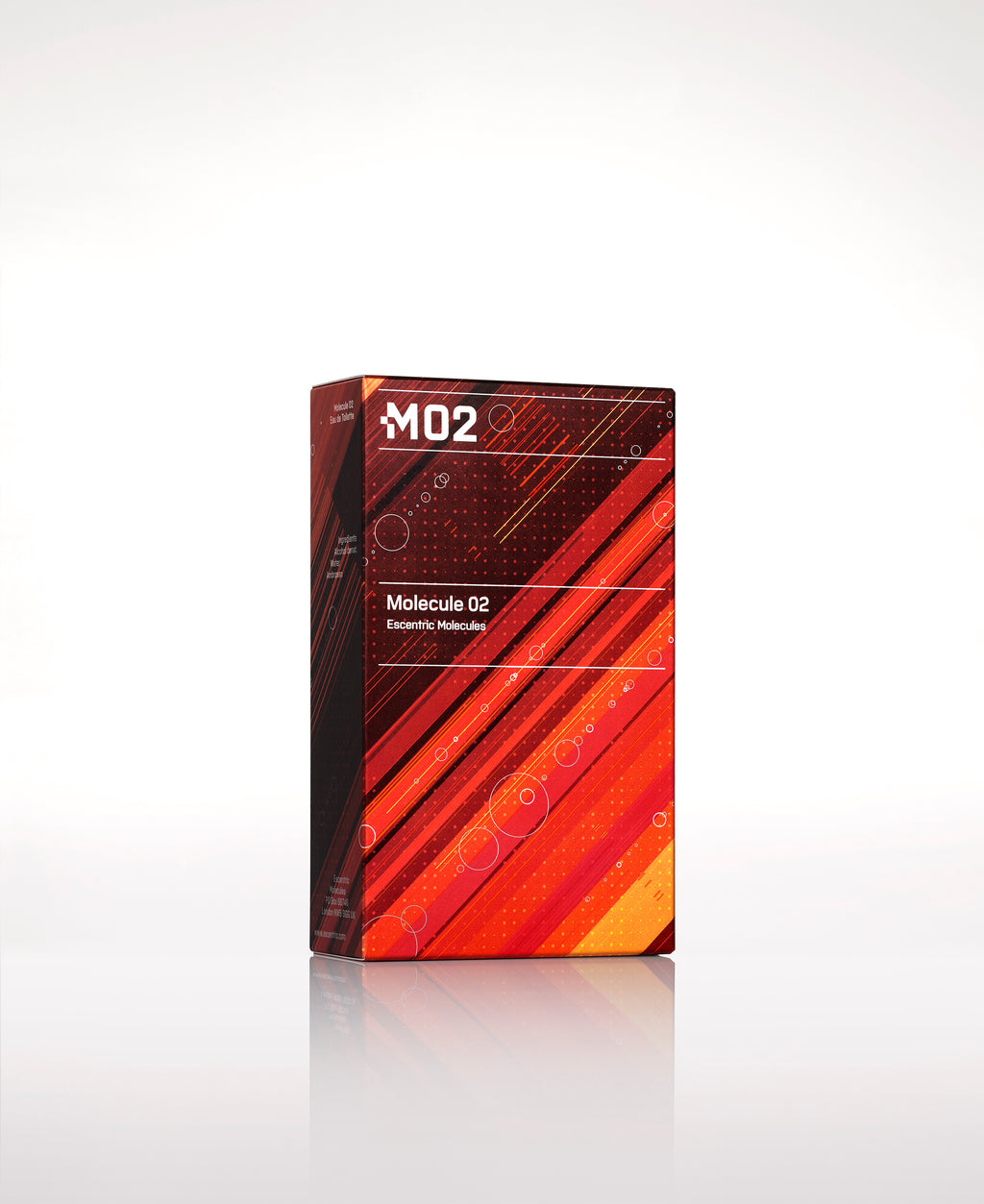 The box packaging of Molecule 02 by Escentric Molecules features a red, black, and orange design with geometric patterns and the text "M02" and "Molecule 02" on the front, highlighting its Ambroxan-infused fragrance.