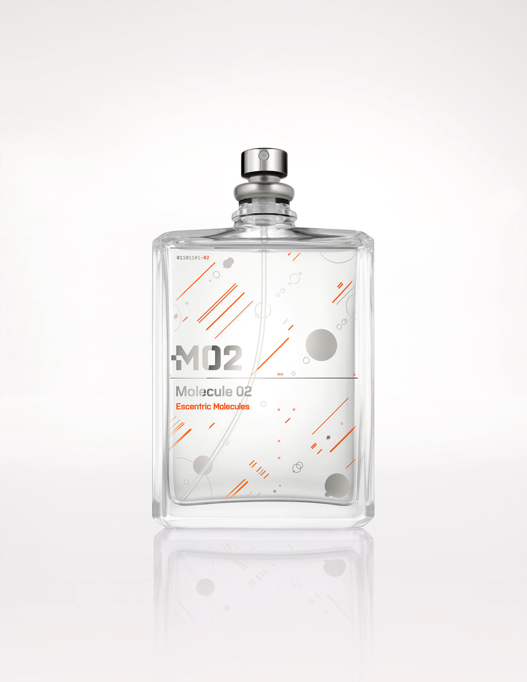 A clear glass bottle of Molecule 02 fragrance by Escentric Molecules with a modern design, featuring orange lines and circles on the front, and "M02" text. Infused with Ambroxan, the bottle is set against a plain white background.