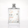 A clear glass bottle of Molecule 02 fragrance by Escentric Molecules with a modern design, featuring orange lines and circles on the front, and "M02" text. Infused with Ambroxan, the bottle is set against a plain white background.