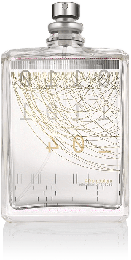 Clear rectangular glass bottle of Molecule 04 fragrance from Escentric Molecules, adorned with a metallic cap and boasting a modern, abstract design in gold and gray on its label, subtly hinting at the refined blend of Javanol within.