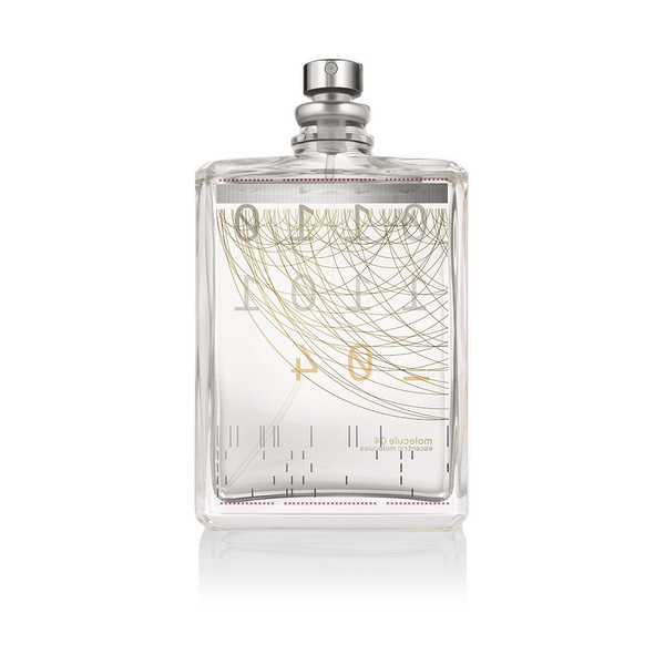 Clear rectangular glass bottle of Molecule 04 fragrance from Escentric Molecules, adorned with a metallic cap and boasting a modern, abstract design in gold and gray on its label, subtly hinting at the refined blend of Javanol within.
