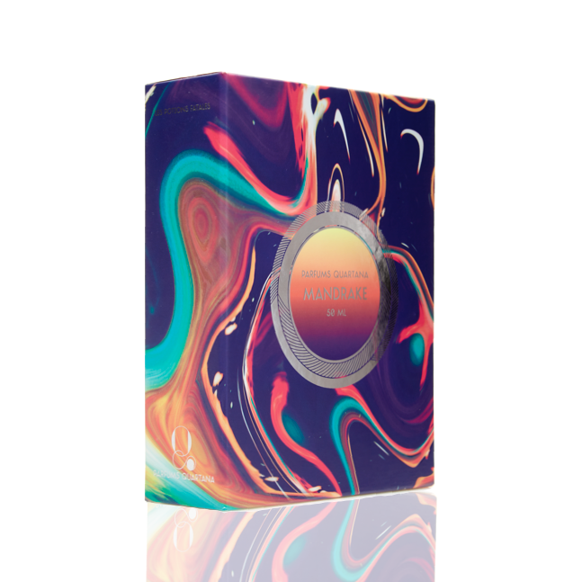 A colorful perfume box featuring swirling abstract patterns and the text "Parfums Quartana Mandrake 50 ml" on the front, placed against a white background.