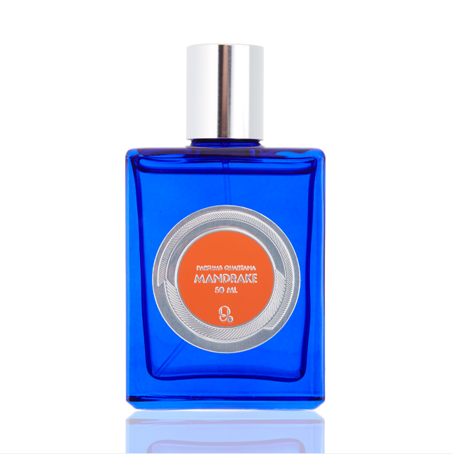 A 50 ml bottle of Mandrake by Parfums Quartana, presented in a striking blue rectangular bottle adorned with a silver cap and an orange label on the front. Infused with the enchanting Mandrake Flower Accord, this fragrance captivates and enchants.