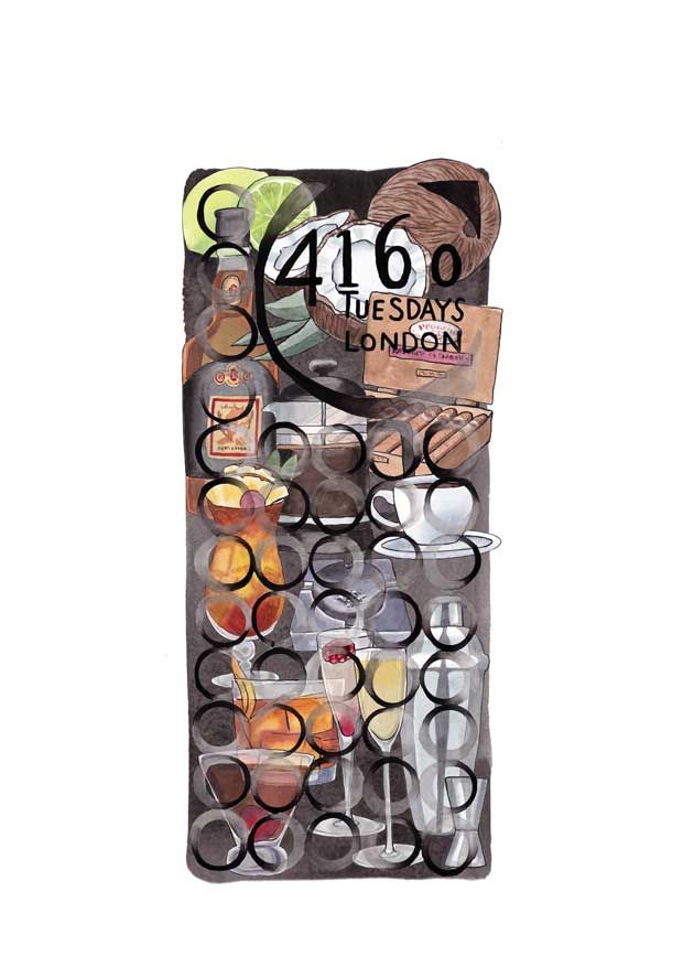 Illustration featuring various drinks and cocktails with the text "Maxed Out by 4160Tuesdays," capturing the essence of a wild night out fragrance.