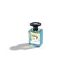 A square-shaped glass bottle of Jusbox's Micro Love perfume, featuring a black cap and filled with a light blue liquid, reminiscent of the sleek design in cutting-edge technology, set against a white background.