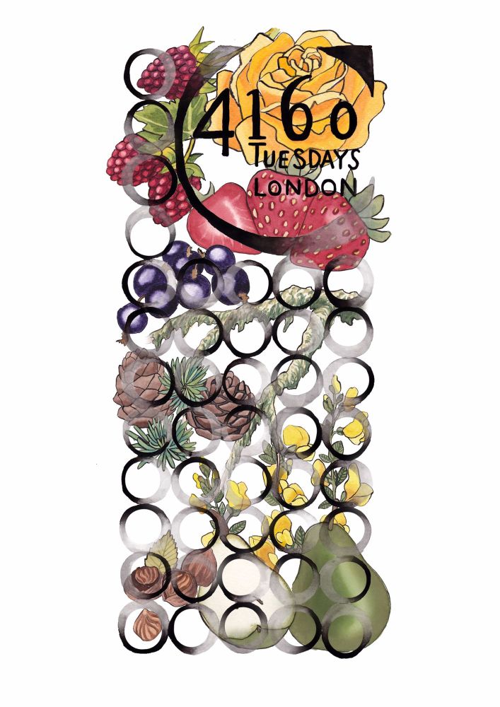 A vibrant illustration featuring an array of fruits, flowers, and pinecones encircling the text "Mother Nature's Naughty Daughters by 4160Tuesdays." The image highlights natural ingredients such as berries, a yellow rose, grapes, pinecones, a pear, and lemons.