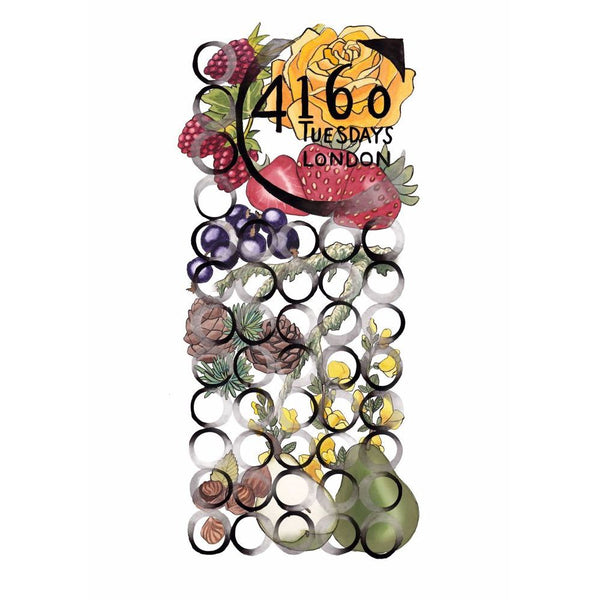 A vibrant illustration featuring an array of fruits, flowers, and pinecones encircling the text "Mother Nature's Naughty Daughters by 4160Tuesdays." The image highlights natural ingredients such as berries, a yellow rose, grapes, pinecones, a pear, and lemons.