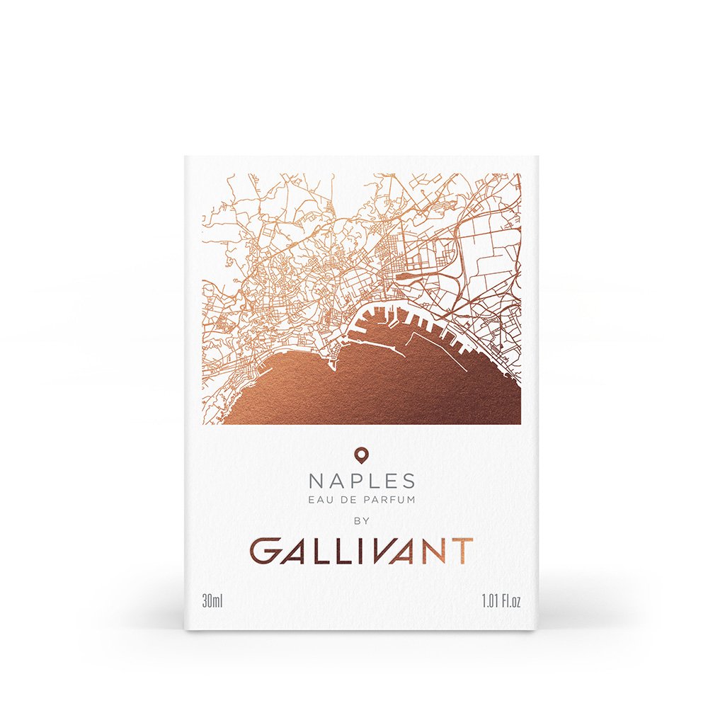 A 30ml (1.01 fl oz) perfume box of Gallivant Perfumes' "Naples" featuring a detailed map design on the front, offers a unique blend of woody fragrance and citrus notes.