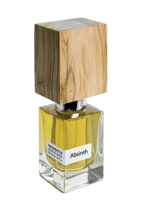 A clear glass perfume bottle with a light wooden cap. The label reads "Absinth" and "Nasomatto Extrait de Parfum 30 ml 1.0 fl.oz." This exquisite fragrance captures an intriguing essence in every drop.