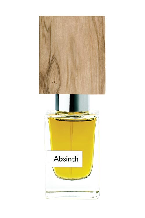 A rectangular perfume bottle labeled "Absinth" with a yellow liquid inside and a wooden cap on top, exuding the distinctive fragrance synonymous with Nasomatto's Absinth.