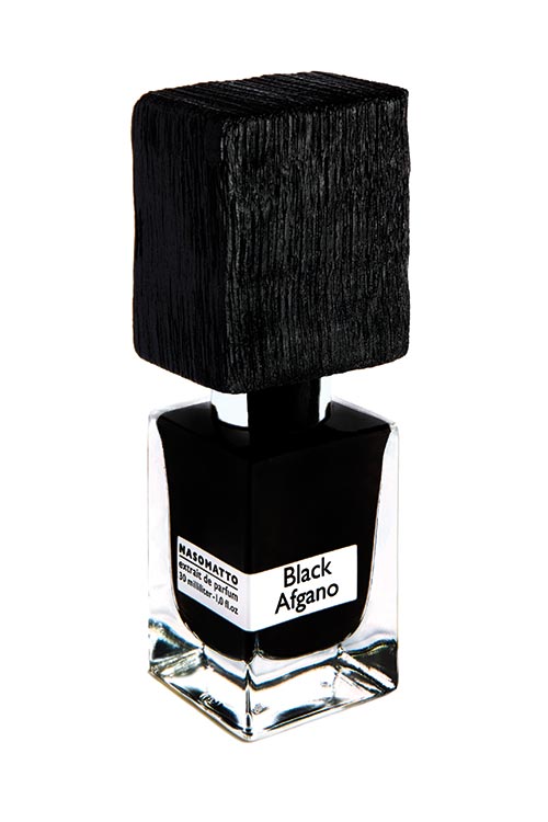 A rectangular bottle of Black Afghano perfume by Nasomatto, infused with the essence of hashish, features a black wooden cap and clear base.
