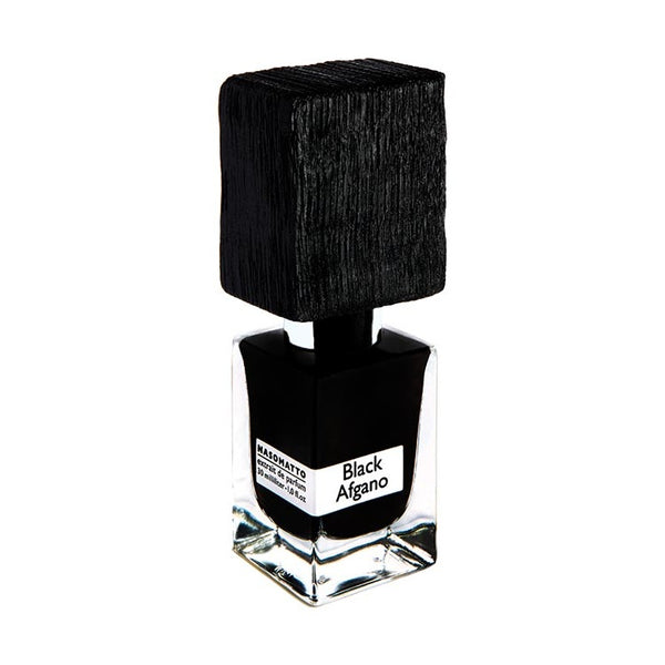 A rectangular bottle of Black Afghano perfume by Nasomatto, infused with the essence of hashish, features a black wooden cap and clear base.