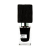 A clear perfume bottle labeled "Black Afghano" by Nasomatto features a dark black liquid inside, reflecting a rich fragrance. The bottle is topped with a square, textured black cap.