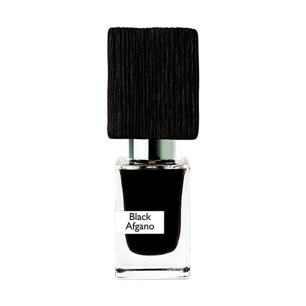 A clear perfume bottle labeled "Black Afghano" by Nasomatto features a dark black liquid inside, reflecting a rich fragrance. The bottle is topped with a square, textured black cap.