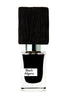A clear perfume bottle labeled "Black Afghano" by Nasomatto features a dark black liquid inside, reflecting a rich fragrance. The bottle is topped with a square, textured black cap.