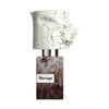 A Nasomatto perfume bottle labeled "Blamage" with a wooden-patterned base and a white, textured cap resembling tree bark.