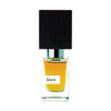A clear glass bottle labeled "Duro," featuring amber liquid inside and topped with a large, black rectangular cap, exudes the essence of male strength from Nasomatto.